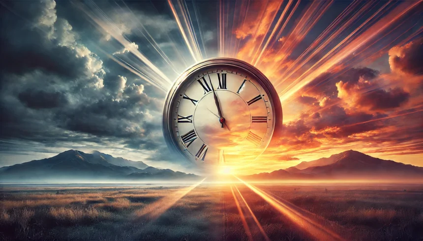 Clock displaying time change with sunrise in the background, symbolizing the end of Daylight Saving Time.