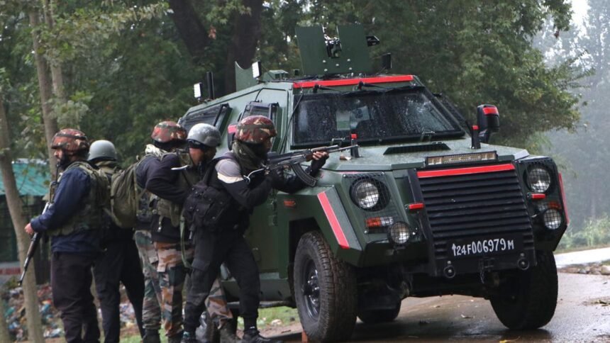 Army jawans stand guard near Kulgam Encounter site in Adigam village of south Kashmir on Saturday, 28 Sep 2024.