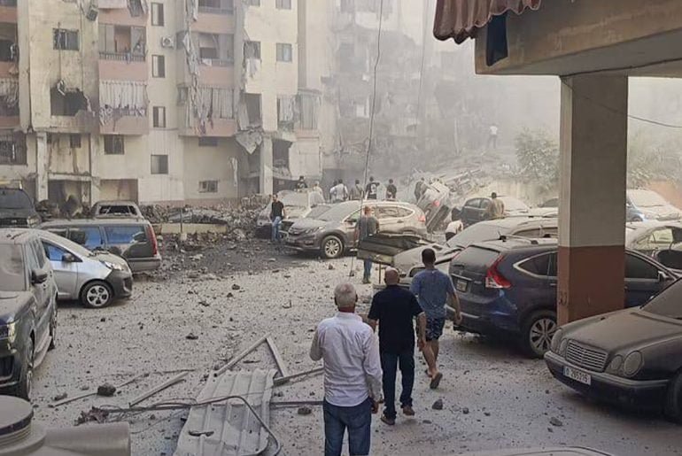 Photo shared on social media of the aftermath of an Israeli attack on a residential building in Beirut’s southern Dahiya district, allegedly targeting one of Hezbollah’s top military commanders, Ibrahim Aqil, on September 20, 2024.