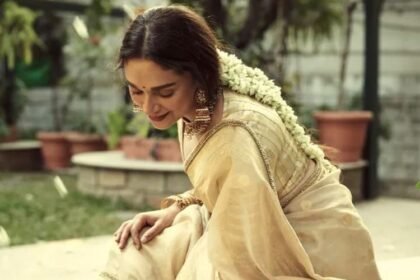 Aditi Rao Hydari in her beige and golden Sabyasachi lehenga at her wedding.