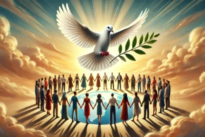 A symbolic image of peacebuilding, featuring a diverse group of people holding hands.