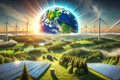 Renewable energy sources, like solar panels and wind turbines, symbolizing climate action.