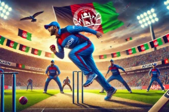 Afghanistan national cricket team players in action on the field, symbolizing the nation's passion and pride for cricket amidst a dynamic stadium setting with the Afghan flag waving in the background.