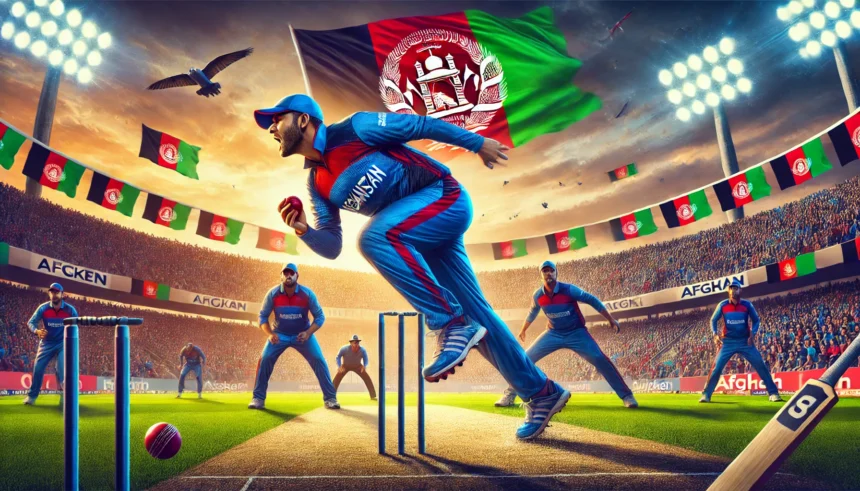 Afghanistan national cricket team players in action on the field, symbolizing the nation's passion and pride for cricket amidst a dynamic stadium setting with the Afghan flag waving in the background.