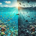 Split image showing a vibrant marine ecosystem alongside a polluted ocean, symbolizing the environmental impact of nuclear wastewater release.