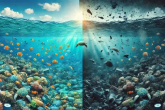 Split image showing a vibrant marine ecosystem alongside a polluted ocean, symbolizing the environmental impact of nuclear wastewater release.