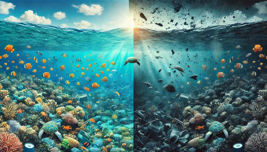 Split image showing a vibrant marine ecosystem alongside a polluted ocean, symbolizing the environmental impact of nuclear wastewater release.