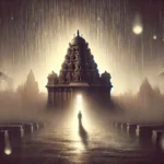 Symbolic image of a temple in the rain, representing the somber atmosphere surrounding the Ayodhya incident involving the temple staff.