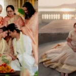 Aditi Rao Hydari and Siddharth at their traditional South Indian wedding, with Aditi in a beige and golden Sabyasachi lehenga.