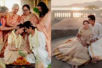 Aditi Rao Hydari and Siddharth at their traditional South Indian wedding, with Aditi in a beige and golden Sabyasachi lehenga.