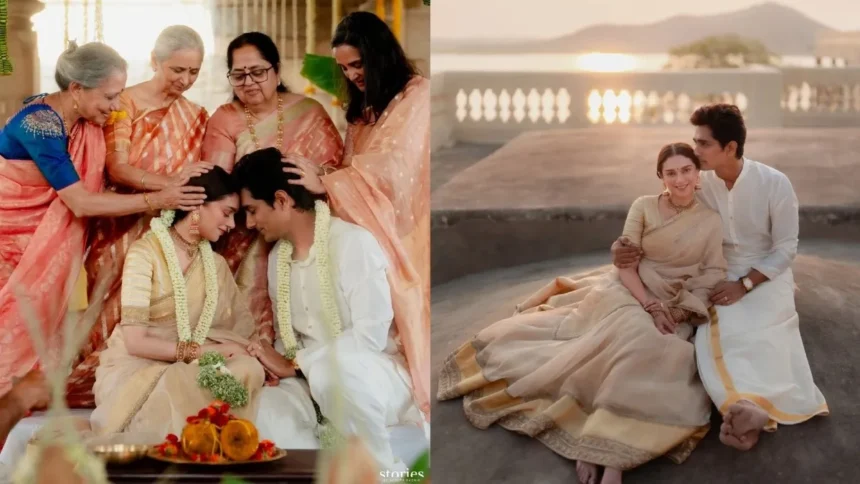 Aditi Rao Hydari and Siddharth at their traditional South Indian wedding, with Aditi in a beige and golden Sabyasachi lehenga.