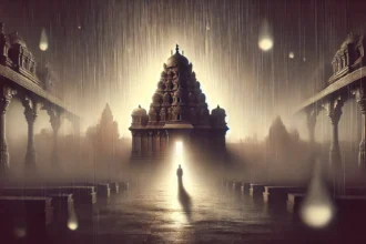 Symbolic image of a temple in the rain, representing the somber atmosphere surrounding the Ayodhya incident involving the temple staff.