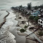 A coastal area affected by sea-level rise, showing erosion and flooding.