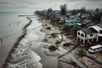 A coastal area affected by sea-level rise, showing erosion and flooding.