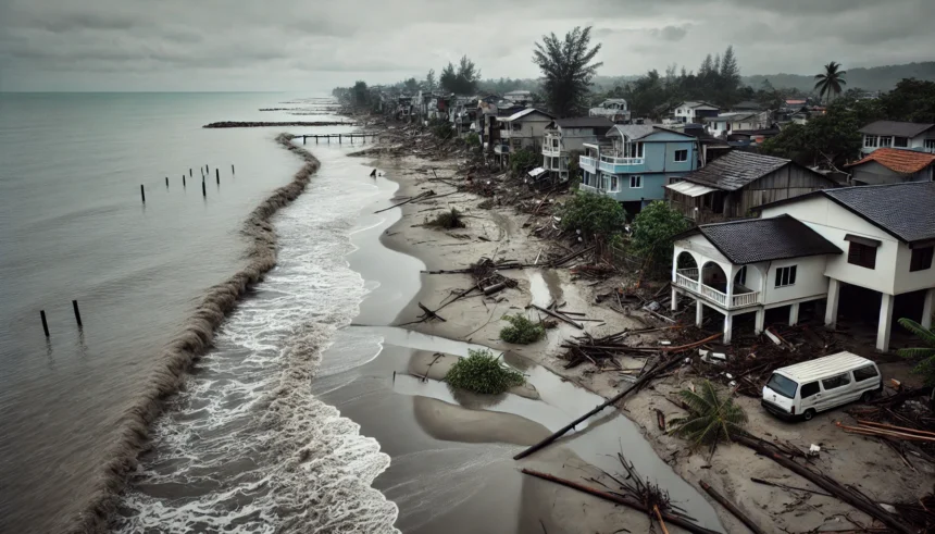 A coastal area affected by sea-level rise, showing erosion and flooding.