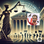 Lady Justice with scales, symbolizing legal battles, alongside an image of Umar Khalid, reflecting his struggle for justice amid protests.