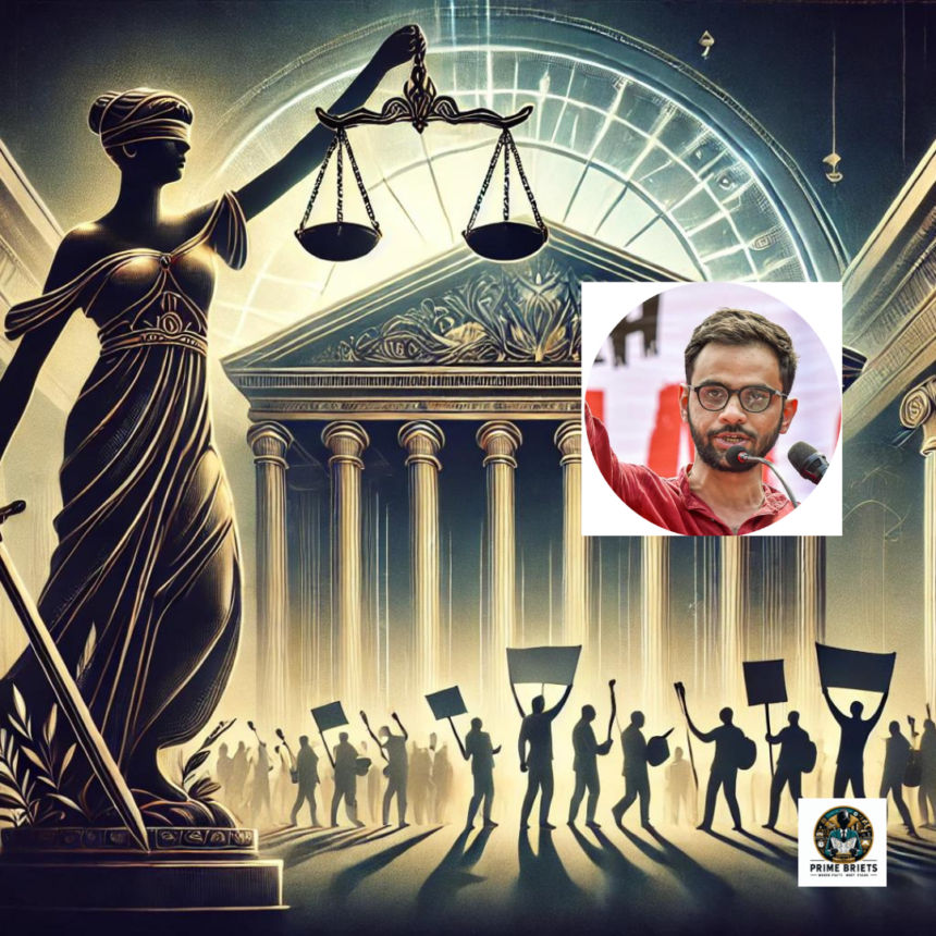 Lady Justice with scales, symbolizing legal battles, alongside an image of Umar Khalid, reflecting his struggle for justice amid protests.