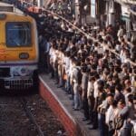 Mumbai suburban railway station during rush hour